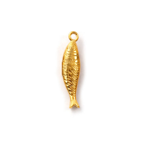 Picture of 1 Piece Eco-friendly PVD Vacuum Plating 304 Stainless Steel Ocean Jewelry Pendants 18K Real Gold Plated Fish Animal Stripe 3D 3.4cm x 0.8cm