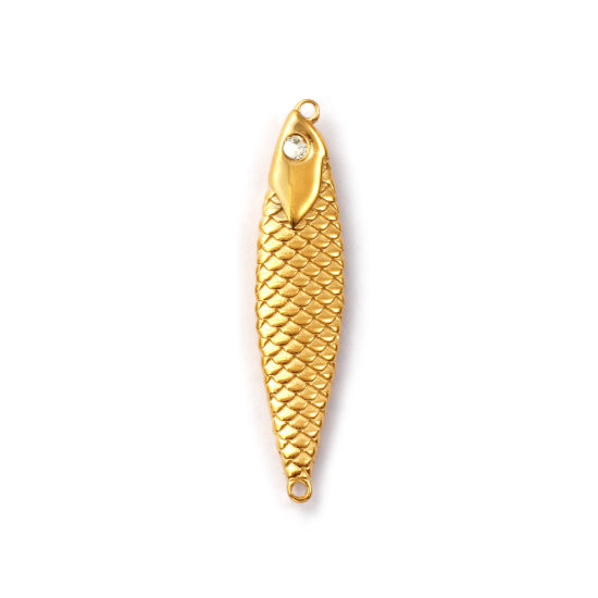 Picture of 1 Piece Eco-friendly PVD Vacuum Plating 304 Stainless Steel Ocean Jewelry Connectors Charms Pendants 18K Real Gold Plated Fish Animal 3D Clear Cubic Zirconia 6.3cm x 1.4cm