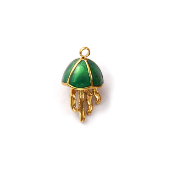 Immagine di 1 Pz Placcatura Sottovuoto PVD Ecologica 304 Acciaio Inossidabile Gioielli Oceanici Ciondoli 18K Vero Oro Placcato Verde Smalto Medusa 3D 16mm x 9mm