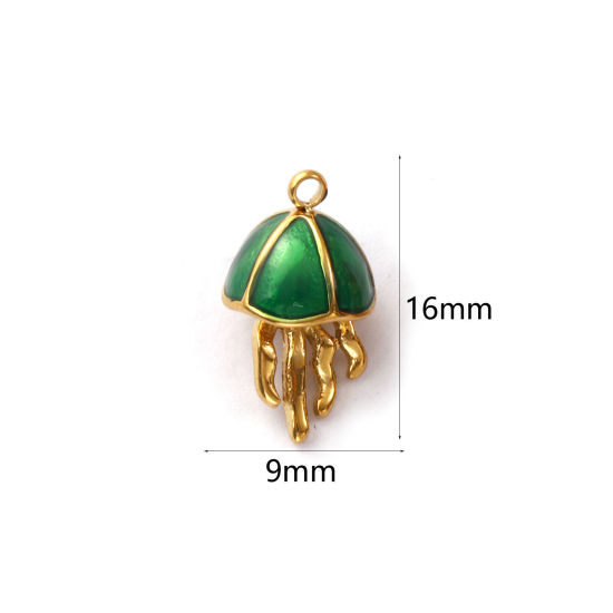 Immagine di 1 Pz Placcatura Sottovuoto PVD Ecologica 304 Acciaio Inossidabile Gioielli Oceanici Ciondoli 18K Vero Oro Placcato Verde Smalto Medusa 3D 16mm x 9mm