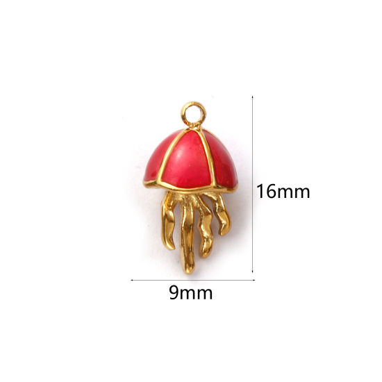 Immagine di 1 Pz Placcatura Sottovuoto PVD Ecologica 304 Acciaio Inossidabile Gioielli Oceanici Ciondoli 18K Vero Oro Placcato Rosso Smalto Medusa 3D 16mm x 9mm