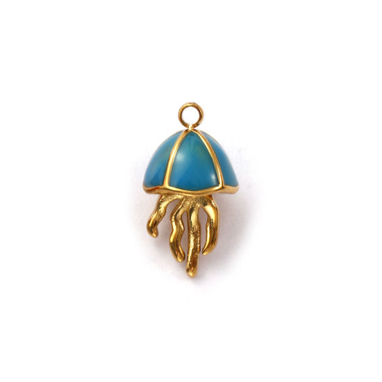 Immagine di 1 Pz Placcatura Sottovuoto PVD Ecologica 304 Acciaio Inossidabile Gioielli Oceanici Ciondoli 18K Vero Oro Placcato Blu Smalto Medusa 3D 16mm x 9mm