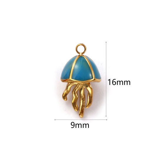 Immagine di 1 Pz Placcatura Sottovuoto PVD Ecologica 304 Acciaio Inossidabile Gioielli Oceanici Ciondoli 18K Vero Oro Placcato Blu Smalto Medusa 3D 16mm x 9mm