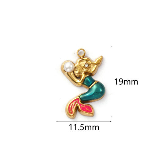 Immagine di 1 Pz Placcatura Sottovuoto PVD Ecologica 304 Acciaio Inossidabile Gioielli Oceanici Ciondoli 18K Vero Oro Placcato Verde Smalto Sirena Pesce Perla Imitato Acrilico Trasparente Cubic Zirconiae 19mm x 11.5mm