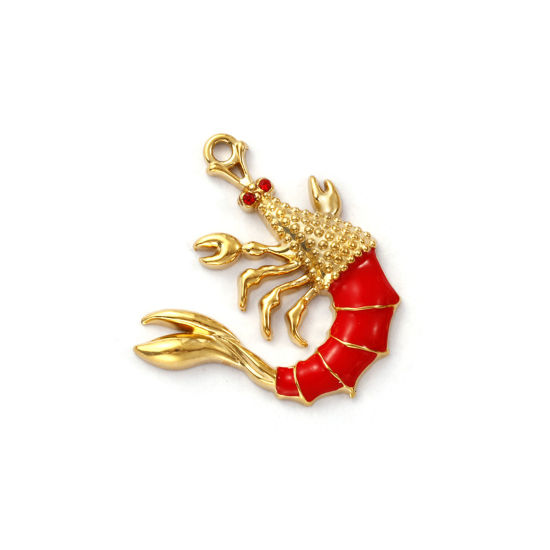 Immagine di 1 Pz Placcatura Sottovuoto PVD Ecologica 304 Acciaio Inossidabile Gioielli Oceanici Ciondoli 18K Vero Oro Placcato Rosso Smalto Aragosta Rosso Cubic Zirconiae 26.5mm x 25mm