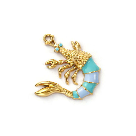 Immagine di 1 Pz Placcatura Sottovuoto PVD Ecologica 304 Acciaio Inossidabile Gioielli Oceanici Ciondoli 18K Vero Oro Placcato Verde Blu Smalto Aragosta Blu Cubic Zirconiae 26.5mm x 25mm