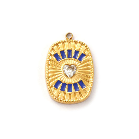 Изображение 1 ШТ Экологичное вакуумное PVD-покрытие 304 Нержавеющая Сталь религия Подвески 18K настоящее золото с покрытием Темно-синий С Эмалью Прямоугольник Око Провидения / Всевидящее Око Прозрачный Искусственный Циркон 23мм x 15мм
