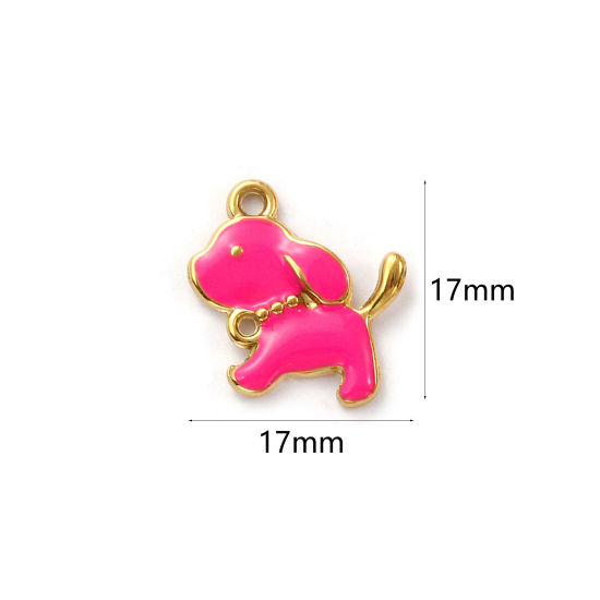 Изображение 1 ШТ Экологичное вакуумное PVD-покрытие 304 Нержавеющая Сталь Соединители Подвески Подвески 18K настоящее золото с покрытием Фуксия С Эмалью Собака 17мм x 17мм