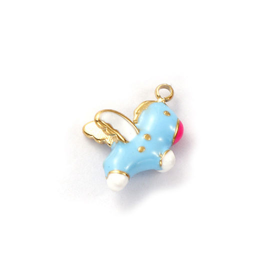 Изображение 1 ШТ Экологичное вакуумное PVD-покрытие 304 Нержавеющая Сталь Серия Сказки Подвески 18K настоящее золото с покрытием Синий С Эмалью Лошадь Трехмерный 13мм x 10мм