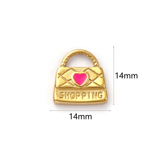 Изображение 1 ШТ Экологичное вакуумное PVD-покрытие 304 Нержавеющая Сталь одежда Подвески 18K настоящее золото с покрытием Фуксия С Эмалью Сумка Сердце Сообщение " shopping " 14мм x 14мм