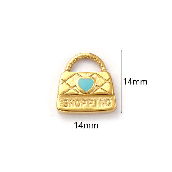 Изображение 1 ШТ Экологичное вакуумное PVD-покрытие 304 Нержавеющая Сталь одежда Подвески 18K настоящее золото с покрытием Сине-зеленые С Эмалью Сумка Сердце Сообщение " shopping " 14мм x 14мм