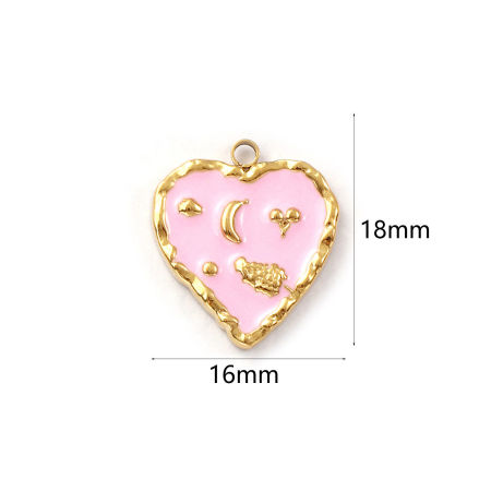 Bild von 1 Stück Umweltfreundliche PVD-Vakuumbeschichtung wasserdicht anlaufgeschützt hypoallergen  304 Edelstahl Valentinstag Charms 18K Echtgold plattiert Rosa Emaille Herz Obst 18mm x 16mm