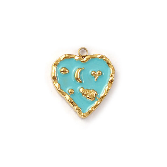 Изображение 1 ШТ Экологичное вакуумное PVD-покрытие 304 Нержавеющая Сталь День святого Валентина Подвески 18K настоящее золото с покрытием Сине-зеленые С Эмалью Сердце Фрукты 18мм x 16мм