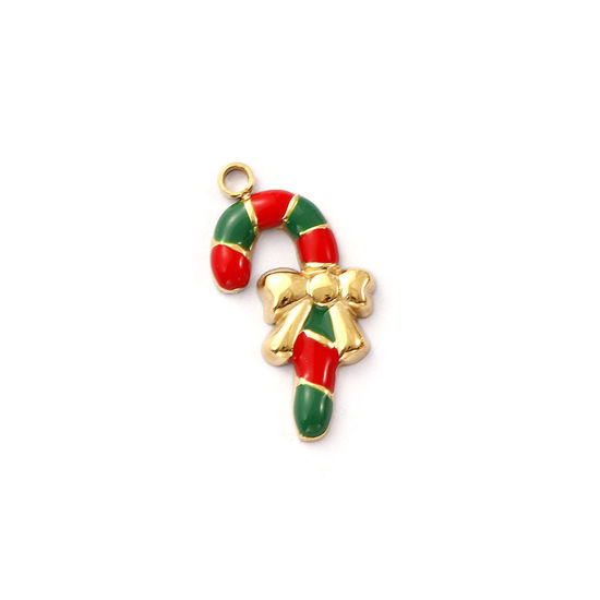 Immagine di 1 Pz Placcatura Sottovuoto PVD Ecologica 304 Acciaio Inossidabile Ciondoli 18K Vero Oro Placcato Rosso Smalto Gruccia di Zucchero di Natale 19.5mm x 10mm