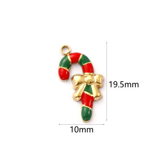 Immagine di 1 Pz Placcatura Sottovuoto PVD Ecologica 304 Acciaio Inossidabile Ciondoli 18K Vero Oro Placcato Rosso Smalto Gruccia di Zucchero di Natale 19.5mm x 10mm