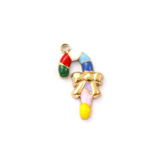 Immagine di 1 Pz Placcatura Sottovuoto PVD Ecologica 304 Acciaio Inossidabile Ciondoli 18K Vero Oro Placcato Multicolore Smalto Gruccia di Zucchero di Natale 19.5mm x 10mm
