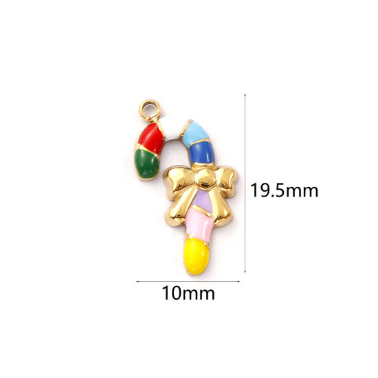 Immagine di 1 Pz Placcatura Sottovuoto PVD Ecologica 304 Acciaio Inossidabile Ciondoli 18K Vero Oro Placcato Multicolore Smalto Gruccia di Zucchero di Natale 19.5mm x 10mm