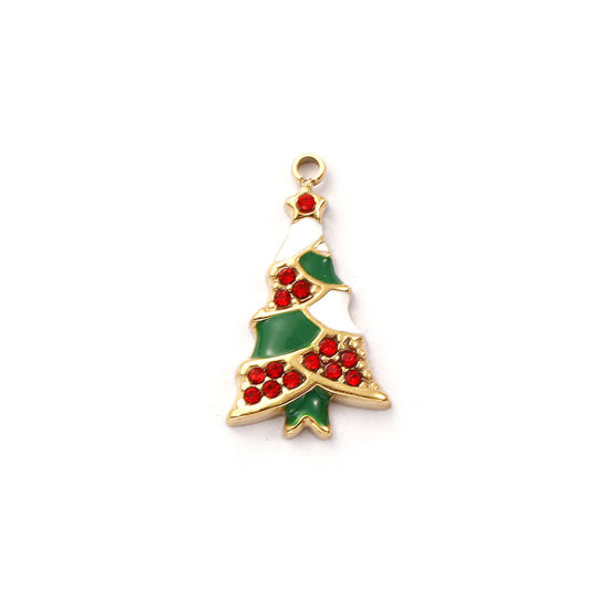Immagine di 1 Pz Placcatura Sottovuoto PVD Ecologica 304 Acciaio Inossidabile Ciondoli 18K Vero Oro Placcato Verde Smalto Albero di Natale Rosso Cubic Zirconiae 20mm x 11mm