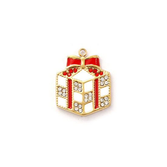 Immagine di 1 Pz Placcatura Sottovuoto PVD Ecologica 304 Acciaio Inossidabile Natale Ciondoli 18K Vero Oro Placcato Bianco Smalto Scatola per Regalo Rosso Cubic Zirconiae 19mm x 15mm