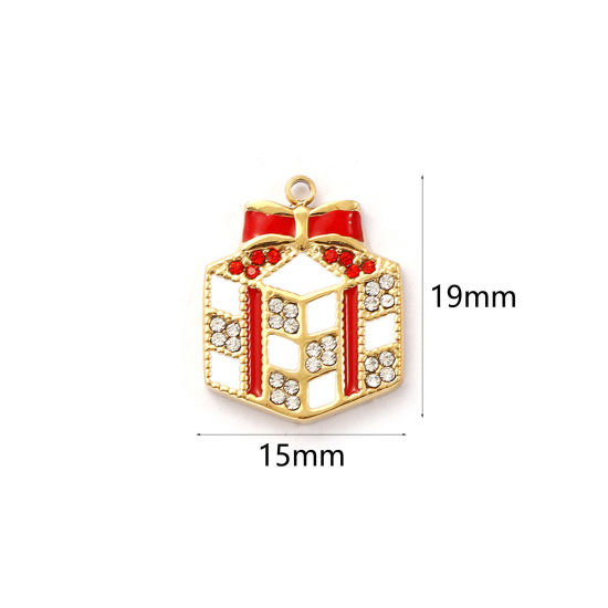 Immagine di 1 Pz Placcatura Sottovuoto PVD Ecologica 304 Acciaio Inossidabile Natale Ciondoli 18K Vero Oro Placcato Bianco Smalto Scatola per Regalo Rosso Cubic Zirconiae 19mm x 15mm