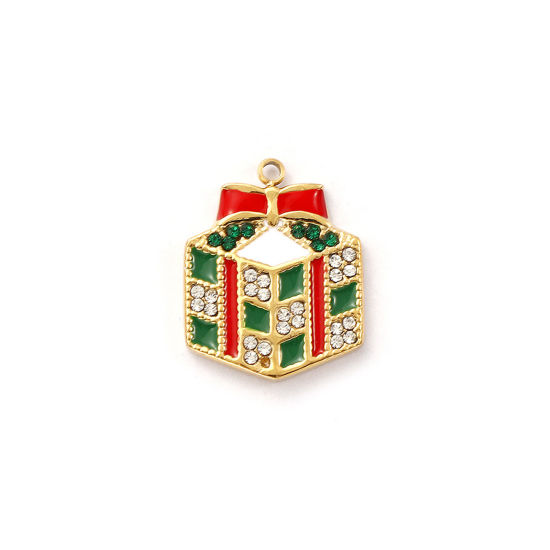 Immagine di 1 Pz Placcatura Sottovuoto PVD Ecologica 304 Acciaio Inossidabile Natale Ciondoli 18K Vero Oro Placcato Verde Smalto Scatola per Regalo Verde Cubic Zirconiae 19mm x 15mm