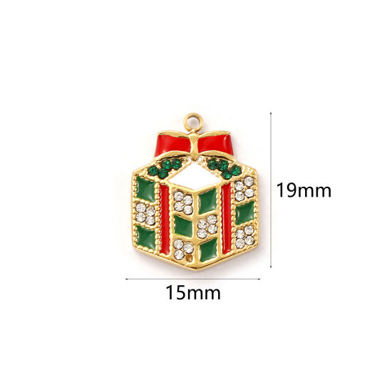 Immagine di 1 Pz Placcatura Sottovuoto PVD Ecologica 304 Acciaio Inossidabile Natale Ciondoli 18K Vero Oro Placcato Verde Smalto Scatola per Regalo Verde Cubic Zirconiae 19mm x 15mm