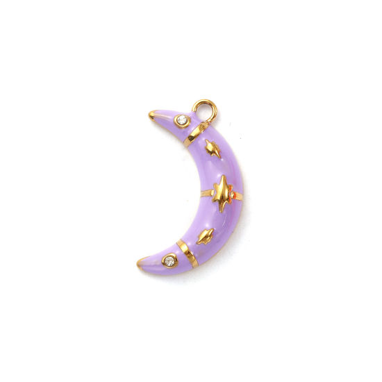 Immagine di 1 Pz Placcatura Sottovuoto PVD Ecologica 304 Acciaio Inossidabile Galassia Ciondoli 18K Vero Oro Placcato Colore Viola Smalto Luna Stella Micro Spianare Trasparente Cubic Zirconiae 20mm x 11.5mm