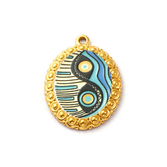 Immagine di 2 Pz Placcatura Sottovuoto PVD Ecologica 304 Acciaio Inossidabile Religione Ciondoli Pendenti 18K Vero Oro Placcato Multicolore Smalto Ovale Malocchio 3cm x 2.2cm