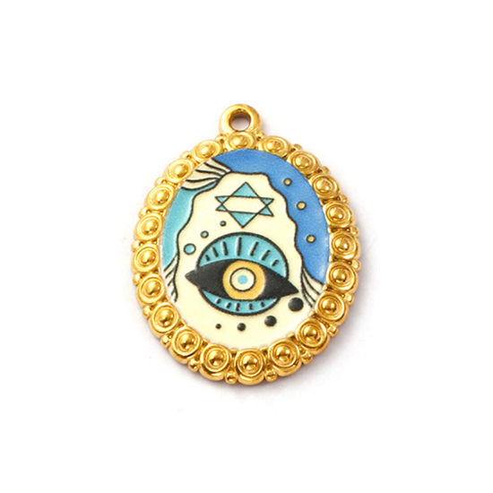 Immagine di 2 Pz Placcatura Sottovuoto PVD Ecologica 304 Acciaio Inossidabile Religione Ciondoli Pendenti 18K Vero Oro Placcato Multicolore Smalto Ovale Malocchio 3cm x 2.2cm