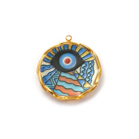 Picture of 2 PCs Eco-friendly PVD Vacuum Plating Waterproof Anti-Tarnish Hypoallergenic 304 Stainless Steel Religious Charms 18K Real Gold Plated Multicolor Enamel Round Evil Eye 25.5mm x 23.5mm