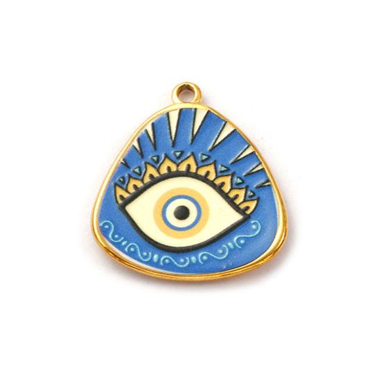 Immagine di 2 Pz Placcatura Sottovuoto PVD Ecologica 304 Acciaio Inossidabile Religione Ciondoli Pendenti 18K Vero Oro Placcato Multicolore Smalto Triangolo Malocchio 3cm x 2.6cm