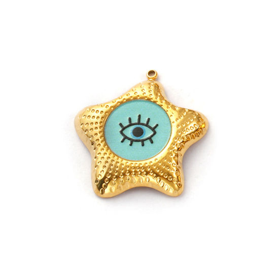 Immagine di 2 Pz Placcatura Sottovuoto PVD Ecologica 304 Acciaio Inossidabile Religione Ciondoli 18K Vero Oro Placcato Verde Blu Smalto Stella di Mare Malocchio 29mm x 28mm