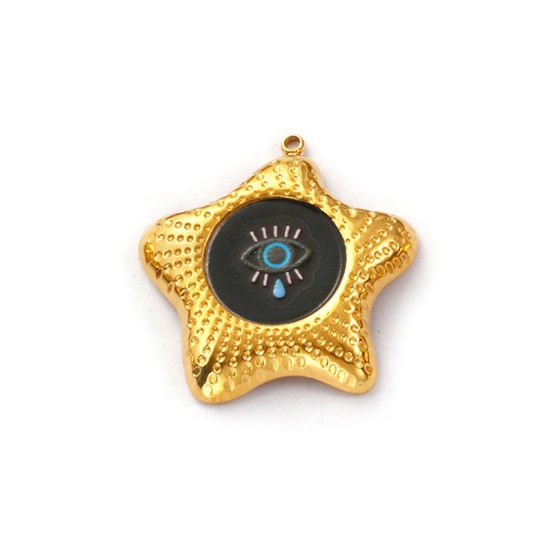Immagine di 2 Pz Placcatura Sottovuoto PVD Ecologica 304 Acciaio Inossidabile Religione Ciondoli 18K Vero Oro Placcato Nero Smalto Stella di Mare Malocchio 29mm x 28mm