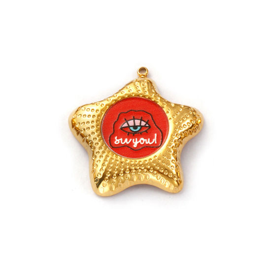 Immagine di 2 Pz Placcatura Sottovuoto PVD Ecologica 304 Acciaio Inossidabile Religione Ciondoli 18K Vero Oro Placcato Rosso Smalto Stella di Mare Malocchio 29mm x 28mm