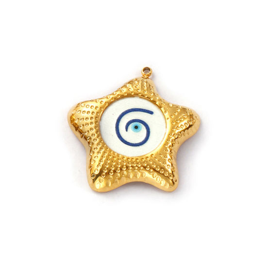 Immagine di 2 Pz Placcatura Sottovuoto PVD Ecologica 304 Acciaio Inossidabile Religione Ciondoli 18K Vero Oro Placcato Bianco Smalto Stella di Mare Malocchio 29mm x 28mm