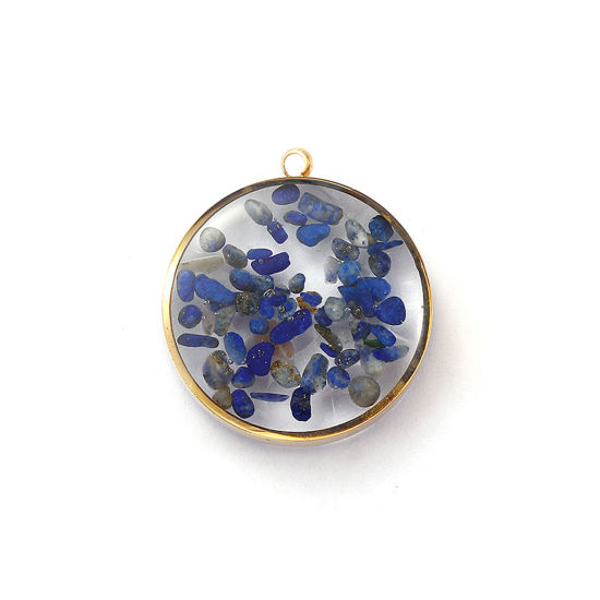 Immagine di 1 Pz Placcatura Sottovuoto PVD Ecologica 304 Acciaio Inossidabile & Gemma Ciondoli 18K Vero Oro Placcato Blu Smalto Tondo 22mm x 20mm