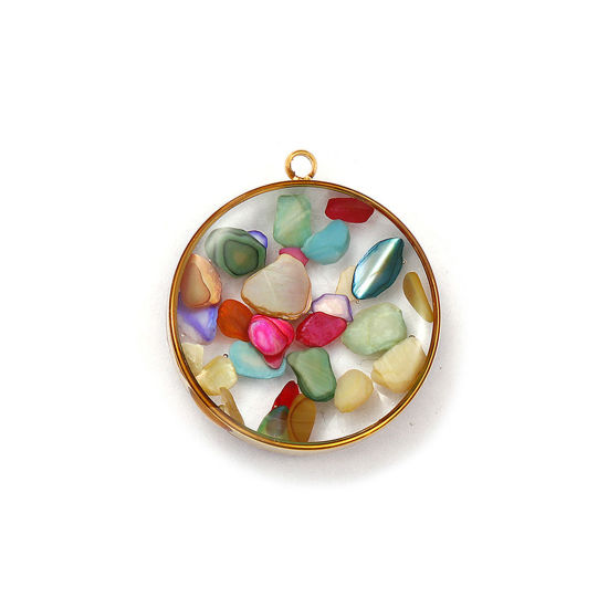 Immagine di 1 Pz Placcatura Sottovuoto PVD Ecologica 304 Acciaio Inossidabile & Conchiglie Naturali Ciondoli 18K Vero Oro Placcato Multicolore Smalto Tondo 22mm x 20mm