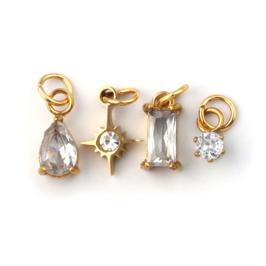Изображение 1 Комплект ( 4 ШТ/Комплект) Экологичное вакуумное PVD-покрытие 304 Нержавеющая Сталь апрель Камень рождения Подвески 18K настоящее золото с покрытием Мини Прозрачный Искусственный Циркон 12x7mm - 9x3.5mm