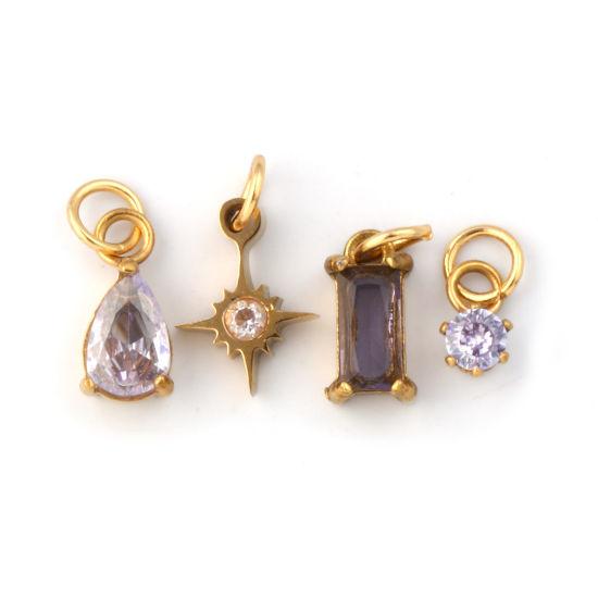 Изображение 1 Комплект ( 4 ШТ/Комплект) Экологичное вакуумное PVD-покрытие 304 Нержавеющая Сталь Июнь Камень рождения Подвески 18K настоящее золото с покрытием Мини Лиловый Искусственный Циркон 12x7mm - 9x3.5mm