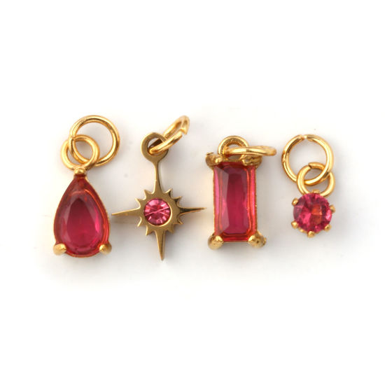 Изображение 1 Комплект ( 4 ШТ/Комплект) Экологичное вакуумное PVD-покрытие 304 Нержавеющая Сталь Июль Камень рождения Подвески 18K настоящее золото с покрытием Мини Фуксия Искусственный Циркон 12x7mm - 9x3.5mm