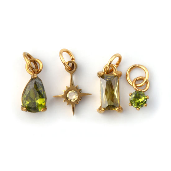 Изображение 1 Комплект ( 4 ШТ/Комплект) Экологичное вакуумное PVD-покрытие 304 Нержавеющая Сталь Август Камень рождения Подвески 18K настоящее золото с покрытием Мини Оливково-зеленый Искусственный Циркон 12x7mm - 9x3.5mm