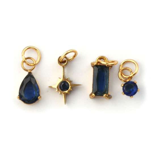Изображение 1 Комплект ( 4 ШТ/Комплект) Экологичное вакуумное PVD-покрытие 304 Нержавеющая Сталь Сентябрь Камень рождения Подвески 18K настоящее золото с покрытием Мини Темно-синий Искусственный Циркон 12x7mm - 9x3.5mm