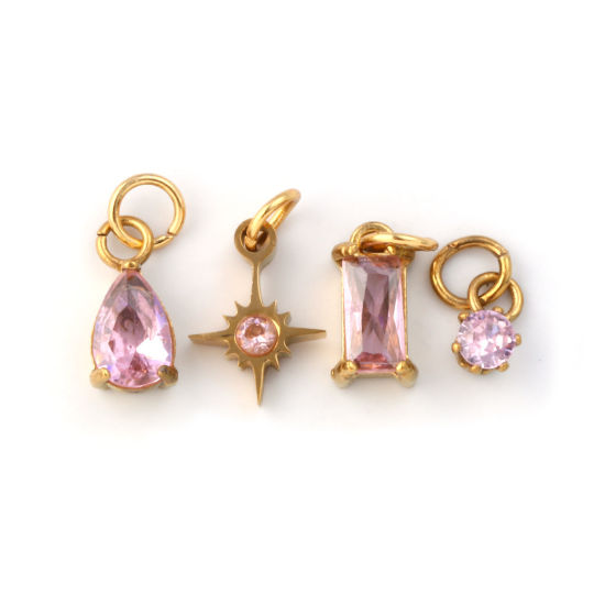 Изображение 1 Комплект ( 4 ШТ/Комплект) Экологичное вакуумное PVD-покрытие 304 Нержавеющая Сталь Октябрь Камень рождения Подвески 18K настоящее золото с покрытием Мини Розовый Искусственный Циркон 12x7mm - 9x3.5mm