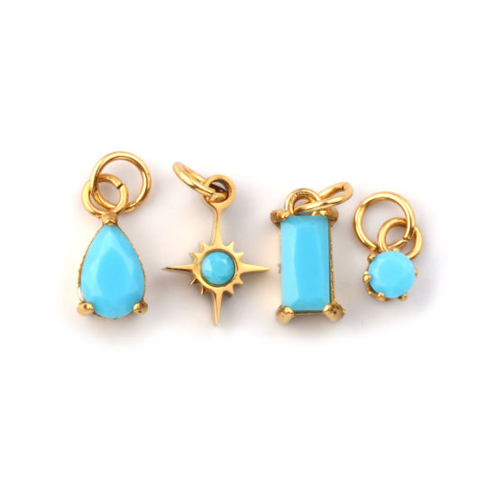 Изображение 1 Комплект ( 4 ШТ/Комплект) Экологичное вакуумное PVD-покрытие 304 Нержавеющая Сталь Декабрь Камень рождения Подвески 18K настоящее золото с покрытием Мини Светло-синий Искусственный Циркон 12x7mm - 9x3.5mm