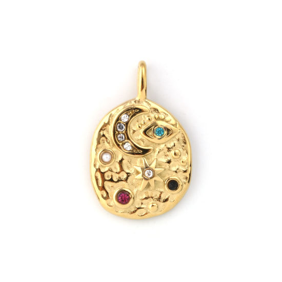 Immagine di 1 Pz Placcatura Sottovuoto PVD Ecologica 304 Acciaio Inossidabile Galassia Ciondoli 18K Vero Oro Placcato Irregolare Luna Perla Imitato Acrilico Multicolore Cubic Zirconiae 26mm x 17mm