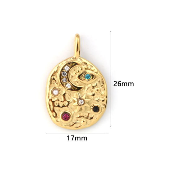 Immagine di 1 Pz Placcatura Sottovuoto PVD Ecologica 304 Acciaio Inossidabile Galassia Ciondoli 18K Vero Oro Placcato Irregolare Luna Perla Imitato Acrilico Multicolore Cubic Zirconiae 26mm x 17mm