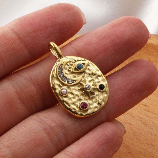 Immagine di 1 Pz Placcatura Sottovuoto PVD Ecologica 304 Acciaio Inossidabile Galassia Ciondoli 18K Vero Oro Placcato Irregolare Luna Perla Imitato Acrilico Multicolore Cubic Zirconiae 26mm x 17mm