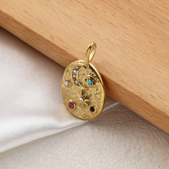 Immagine di 1 Pz Placcatura Sottovuoto PVD Ecologica 304 Acciaio Inossidabile Galassia Ciondoli 18K Vero Oro Placcato Irregolare Luna Perla Imitato Acrilico Multicolore Cubic Zirconiae 26mm x 17mm