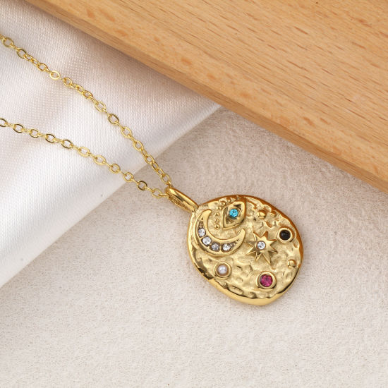 Immagine di 1 Pz Placcatura Sottovuoto PVD Ecologica 304 Acciaio Inossidabile Galassia Ciondoli 18K Vero Oro Placcato Irregolare Luna Perla Imitato Acrilico Multicolore Cubic Zirconiae 26mm x 17mm