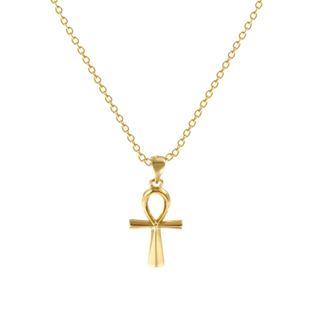 Picture of 18K Real Gold Plated Link Cable Chain Ankh Egyptian Cross Pendant Charm Necklace, Brass 46cm(18.1") + 6cm(2.4"), For Women, Hollow, Retro Religious Gift, Eco-friendly, 1 Piece